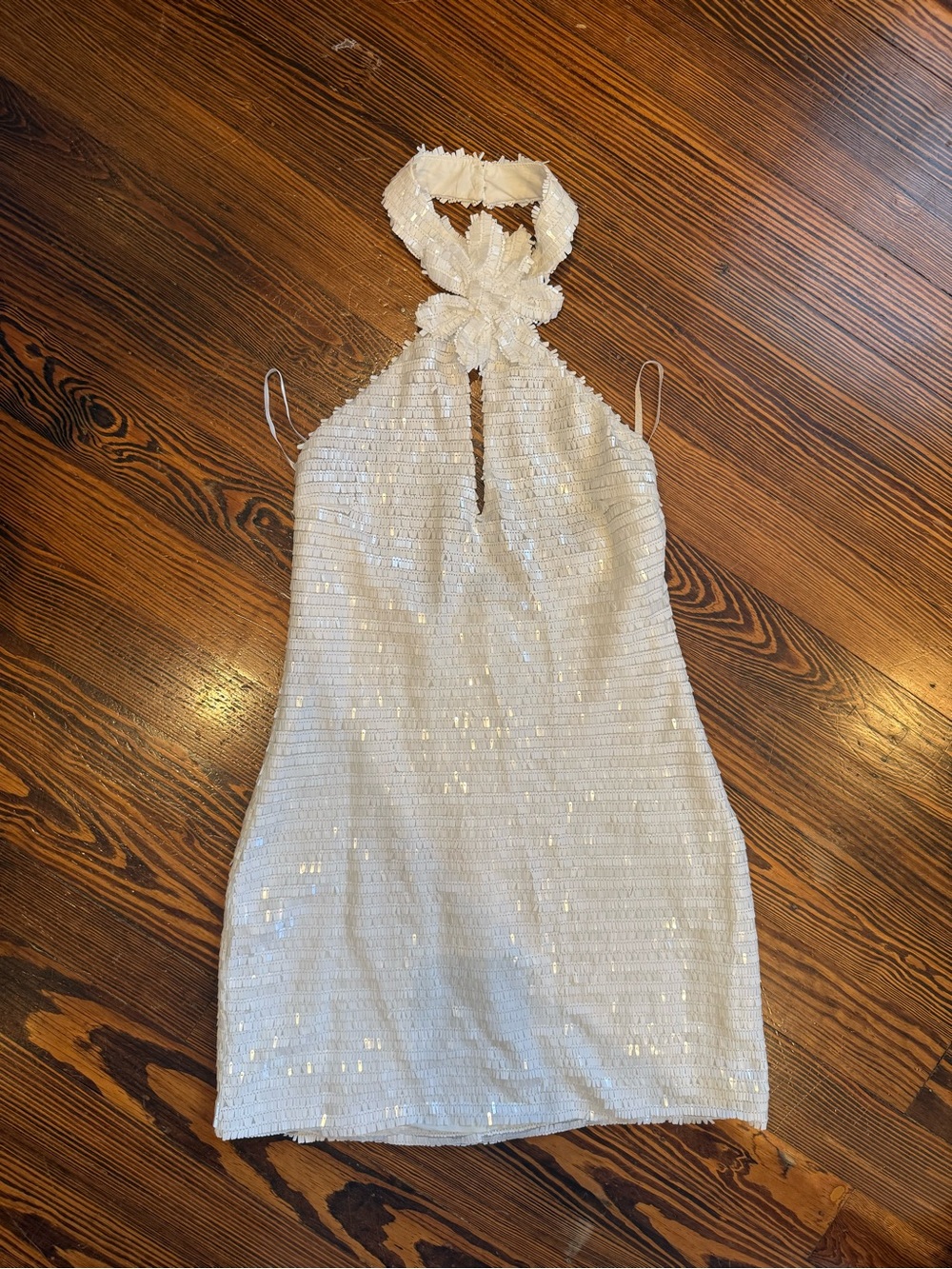 vestique White Sequin Halter Backless Mini Dress
